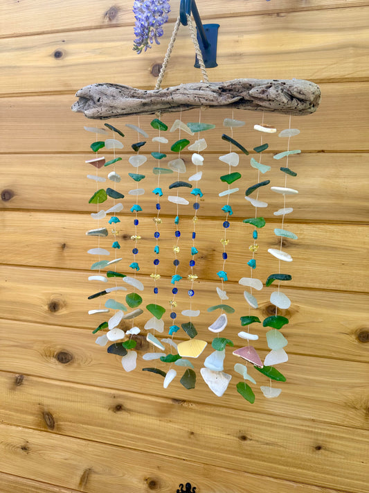 Whimsical Suncatcher with Sea Glass and Ocean Pottery